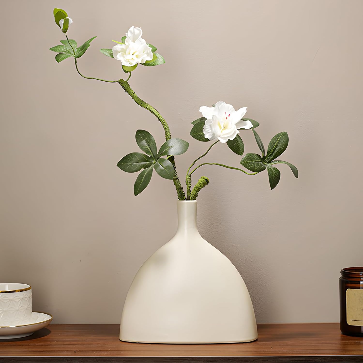 White Ceramic Vase for Home Decor, Boho Vase for Pampas Grass, Minimalis Modern Home Decor Aesthetic, Flower Vase for Living Room, Coffee Table, Shelf, Entryway, Mantle, Office