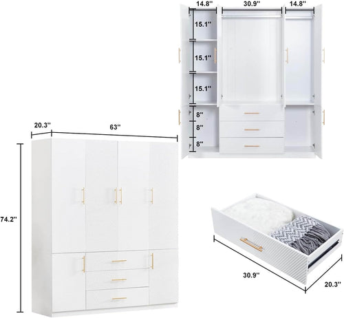 4 Doors Armoire Wardrobe Closet, Bedroom Armoires Cabinet Wooden with Hanging Rod Inside Cabinet and Drawers