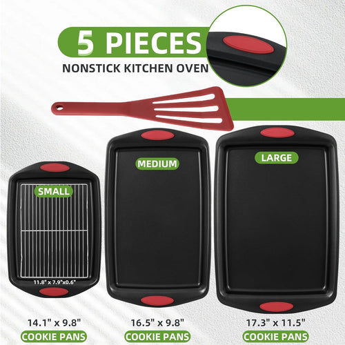 5-Piece Nonstick Baking Pans Set - Premium Carbon Steel Bakeware with PFOA/PFOS/PTFE-Free Coating, Red Silicone Handles (Black Red)