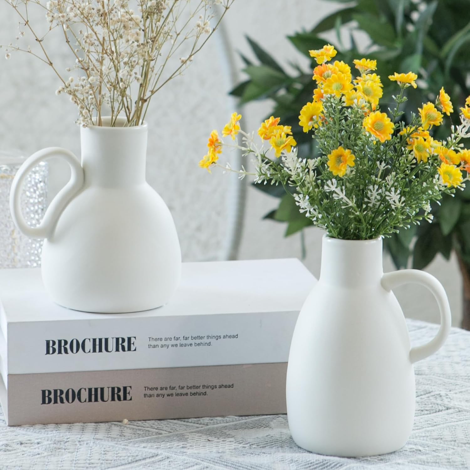 White Ceramic Vase Set - 2 Small Vases with Handle, Pottery Vases for Modern Home Decor, Minimalist Matte Pitcher for Fowers, Decorative Clay Vase Centerpiece Dining Table Decorations