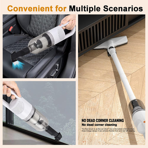 6-in-1 Lightweight Stick Vacuum Cleaner with 100W Powerful Motor, Mini Portable Household Handheld Vacuum Cleaner for Domestic Hard Floors, Carpets and Pet Hair (White Cordless)