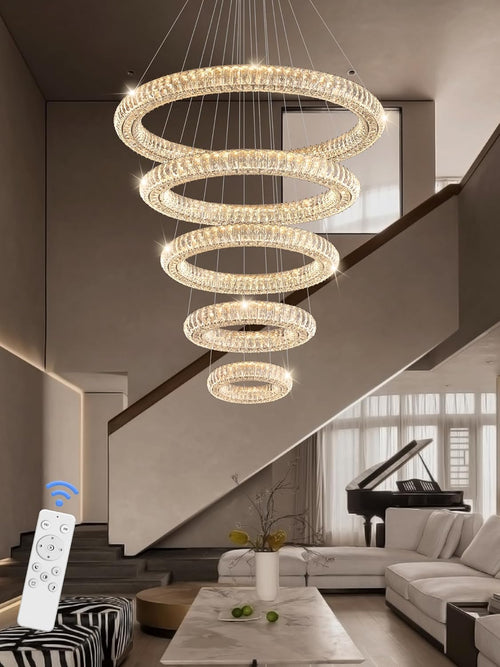 5-Ring Modern Crystal LED Pendant Light, Diameter 8 Inches to 39.4 Inches
