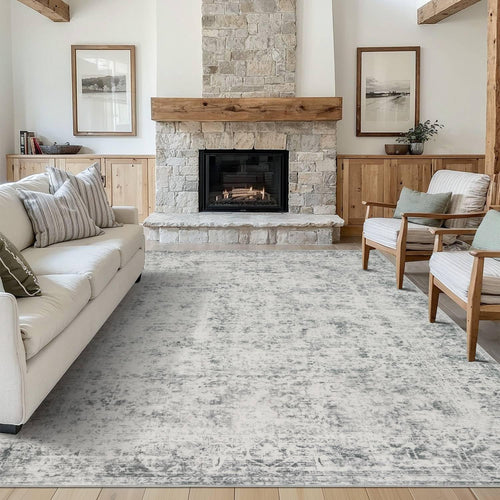 5x7 Area Rugs for Living Room Bedroom, Grey Washable Rug, Vintage Abstract Boho Rug, Non Slip & Low Pile Faux Wool Carpet for Indoor Dining Room and Farmhouse(Grey 5x7ft)