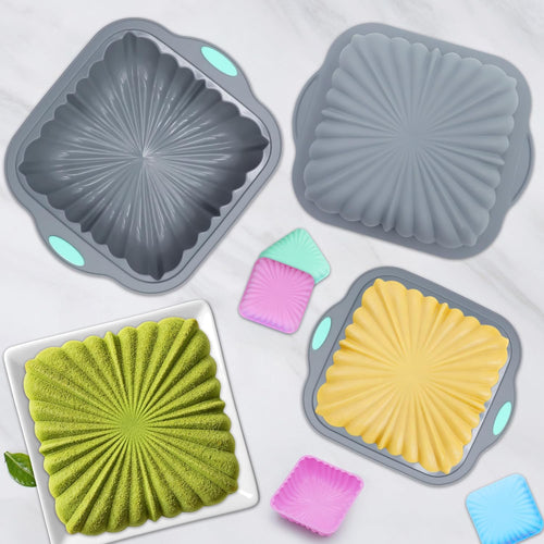 44 Pieces Silicone Square Cake Pans Set, 3 Sizes Silicone Fluted Cake Pan with Reusable Baking Cups, Food Grade Baking Molds for Brownie, Bread, Muffin, Light Grey