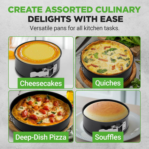 3-Piece Nonstick Springform Pan Set - Premium Carbon Steel Cheesecake Pans with Stainless Steel Clasp - 6", 8", 10" Sizes, Oven Safe up to 450°F - Includes 300pcs Parchment Paper (Black)