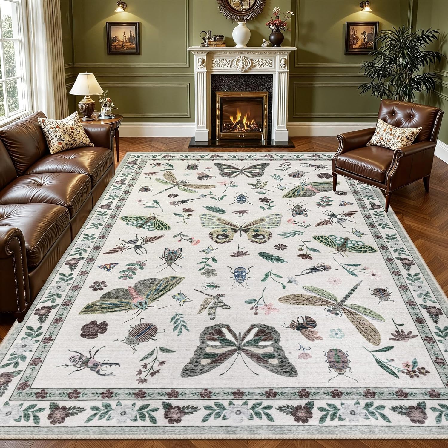 9x12 Area Rugs Living Room Rug: Vintage Washable Rug Floral Soft Carpet Indoor Floor Non-Slip Boho Stain Resistant Large Carpets for Bedroom Kids Nursery Dining Room Farmhouse Home Office Beige